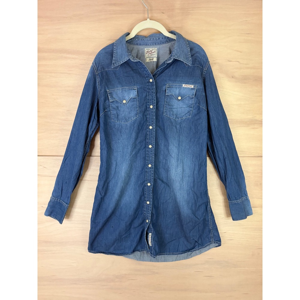 Lucky Brand Womens Large Denim Western Shirt Dress Pearl Snap Longline Blue L